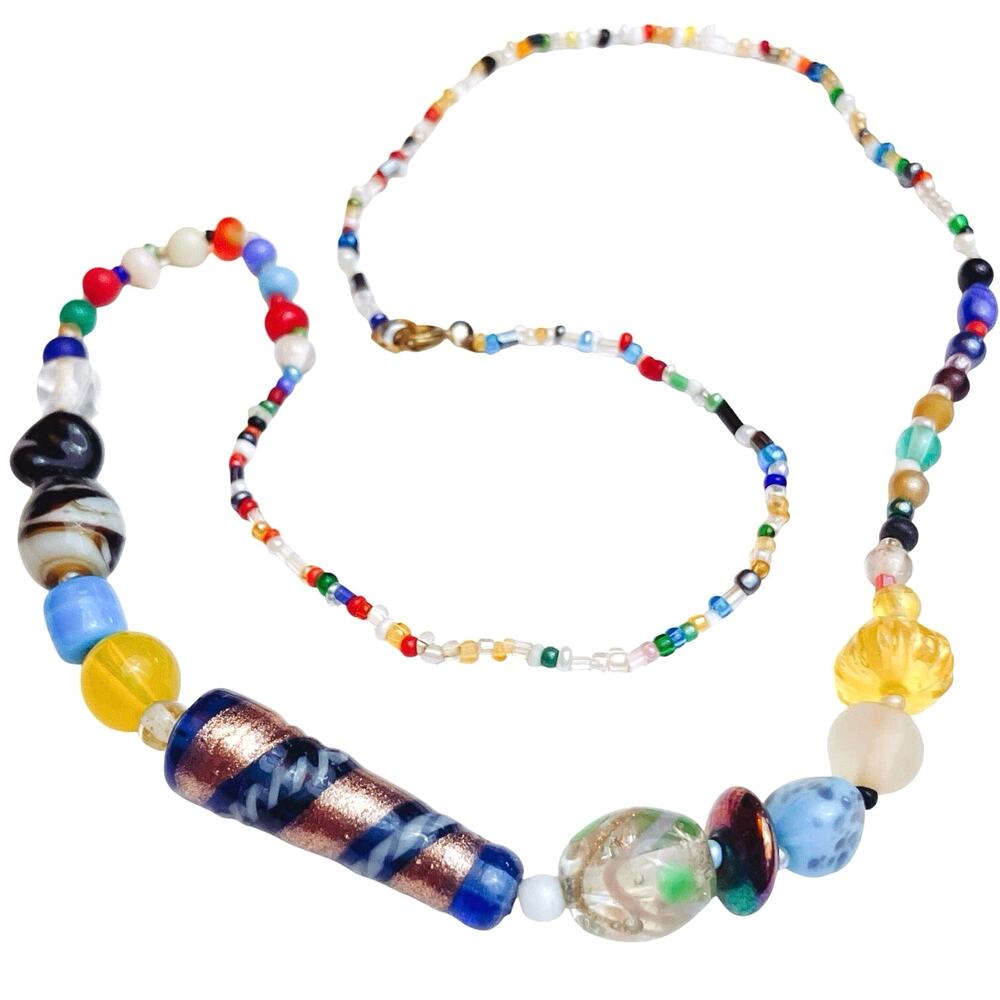 VTG Mid Century Glass Bead Necklace Boho Artisan Murano Style Lampwork 60s 70s